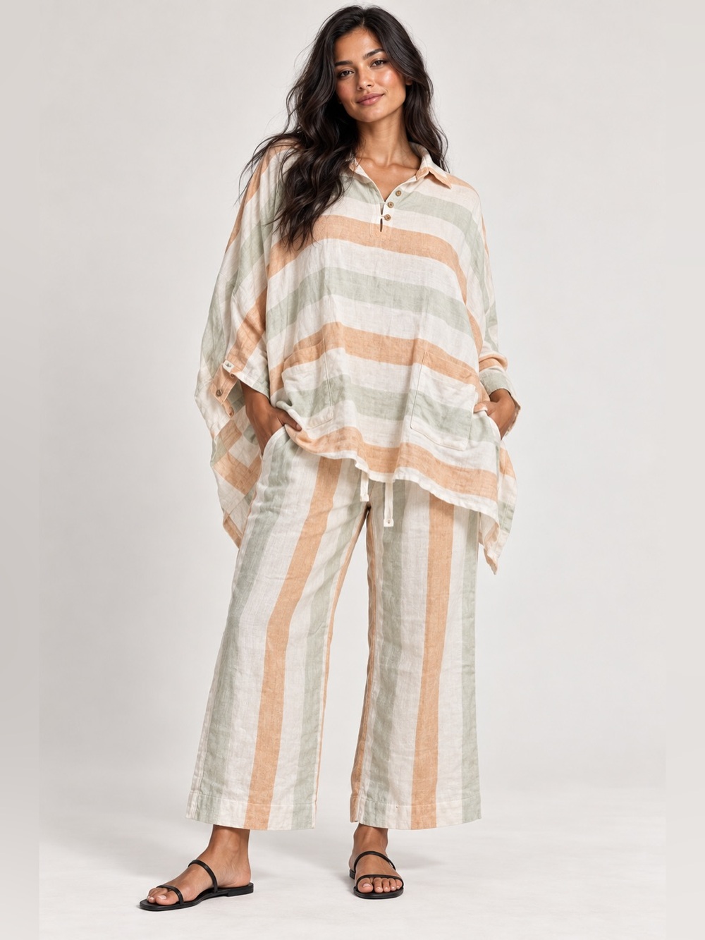 Gabby Isabella Striped Linen Beach Coverup Set in Peach, Sage & White